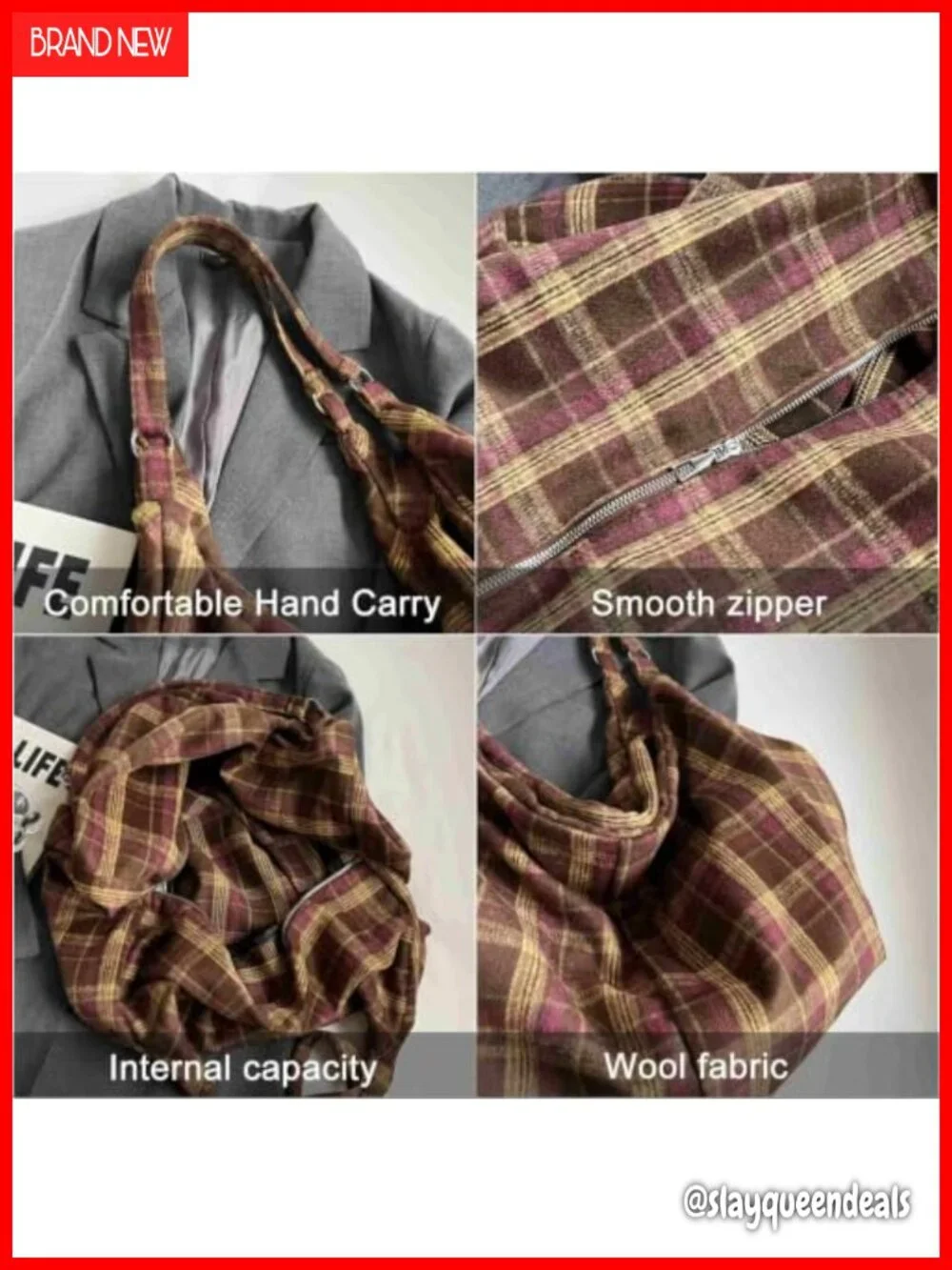 Plaid Woolen Hobo Shoulder Bag Large Capacity